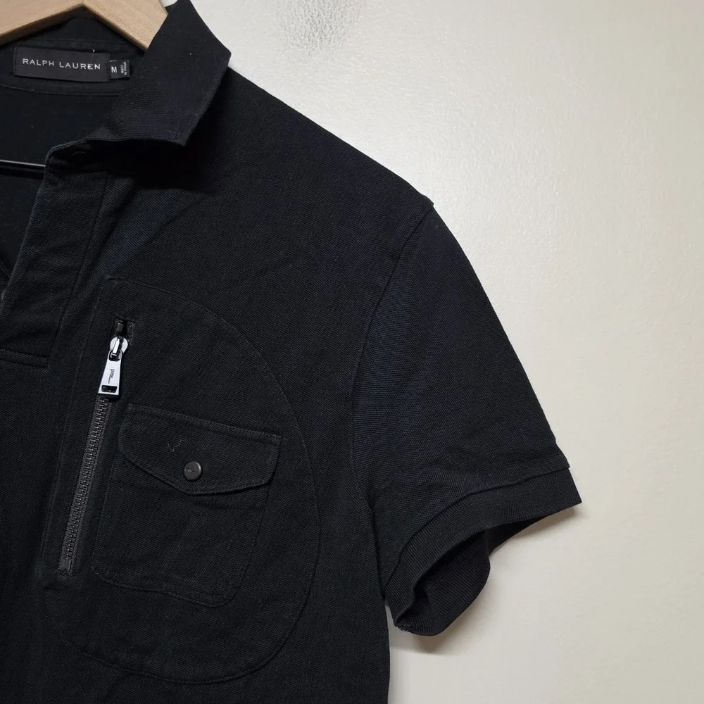 Ralph Lauren Black Label Mens Black Polo Shirt Zip Pocket Stretch Cotton Size M